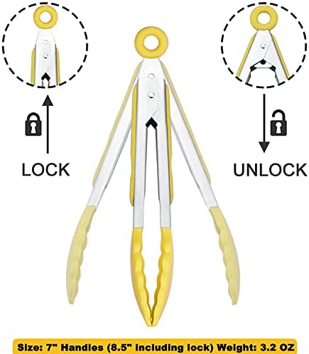 HINMAY Small Appetizer Tongs 7" Silicone Kitchen Tongs, Set of 3 (Yellow)