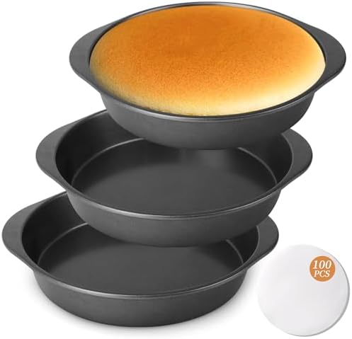 BEWOS 9 Inch Cake Pan Set - 100 Pcs Parchment Paper With 3 Pcs Carbon Steel Round Cake Pans, Nonstick Baking Pans Set With Handle, Dishwasher Safe
