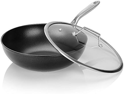 TECHEF - Onyx Collection, 12" Nonstick Flat Bottom Wok/Stir-Fry Pan with Glass Lid, PFOA Free, Dishwasher and Oven Safe, Made in Korea