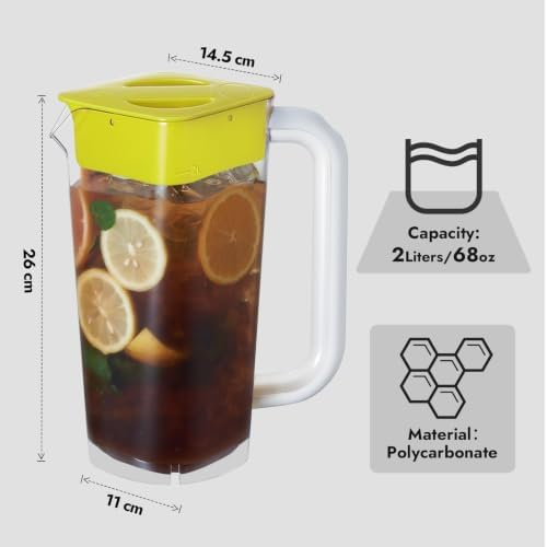 CURTA 2 Pack 2 Liters/68 oz Plastic Pitcher with Lid & Handle for Kitchen,ICED JUICE and Coffee Carafe Beverage Serveware, Acrylic Water Jug for Hot/Cold Drinks&lemonade