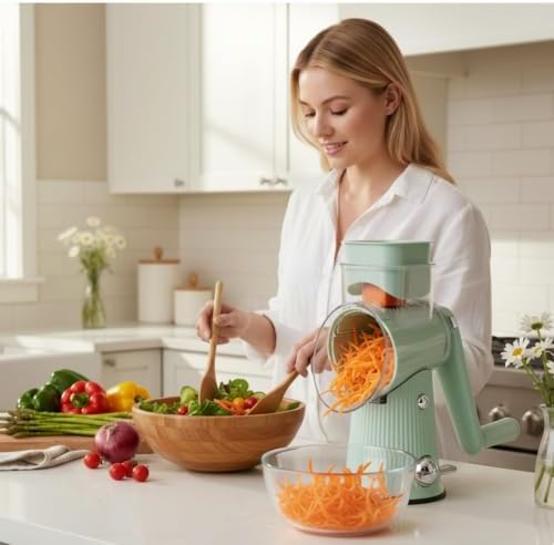 Rotary Cheese Grater with Handle - Vegetable Shredder with 5 Blades & Strong Suction Base, Round Slicer & Food Chopper for Kitchen (Green)