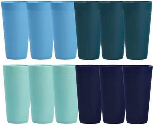 US Acrylic Newport 32 ounce Unbreakable Plastic Stackable Iced-Tea Tumblers in 4 Coastal Colors | Set of 12 Drinking Cups | Reusable, BPA-free, Made in the USA, Top-rack Dishwasher and Microwave Safe