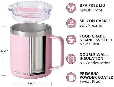 SUNWILL Insulated Coffee Mug with Lid, Travel Tumbler Reusable, 14 oz Stainless Steel Cup for Camping, Office, Home, Powder Coated Sakura