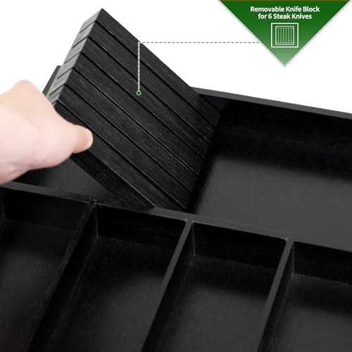 VaeFae Bamboo Silverware Drawer Organizer, 5 Slots, Black