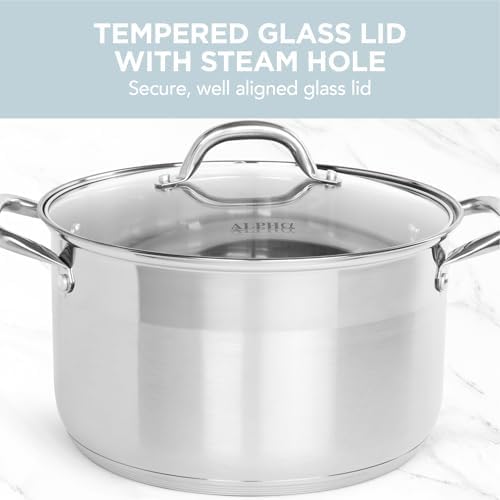 Alpha Living SP-12G Stainless Steel Pot with Capsule Bottom – Induction Compatible 12Qt Pot with Lid – Tri-Ply Ultra-Thick Bottom – Ideal for Spaghetti, Cooking, Canning, Boiling