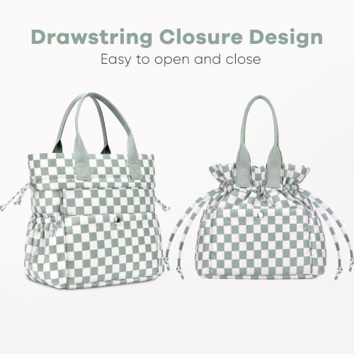 Yarnic Lunch Bag Women Lunch Box with Water Bottle Holder (Green Checkered)