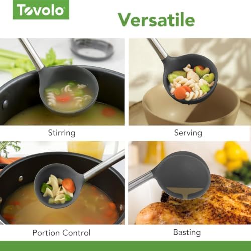 Tovolo Silicone Ladle With Stainless Steel Handle Deep Soup Ladle for Cooking Canning Serving Soup Punch Stew Sauce, Large Kitchen Utensil Spoon Dishwasher Safe BPA Free Silicone Charcoal Gray