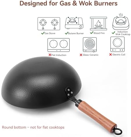 WANGYUANJI 11 Inch Round Bottom Iron Wok, Hand-Hammered Uncoated Wok with Wooden Handle, Traditional Stir-Fry Pan for Gas Stove or Wok Ring, Not for Flat Cooktops