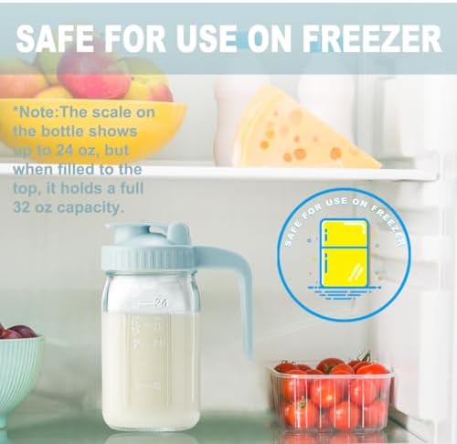 32oz Glass Pitcher with Lid & V-shaped Pour Spout - 1 Quart Breastmilk Pitcher Double Leak Proof, Creamer Container for Sun Tea, Juice, Cold Brew Coffee, Breastmilk Storage Container