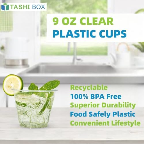 TashiBox 9 oz Crystal Clear Plastic Cups - 200 Pack, Disposable, Weddings & Parties Supplies, Ideal for Cocktails, Iced Coffee, Beverages, BPA-Free Tumblers