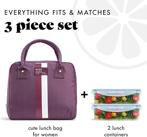 Fit & Fresh Bloomington Lunch Bag for Women - Insulated Large Lunch Box for Work with Containers, Leak-Resistant, Stain-Resistant, Zipper Closure, Plum Stripe