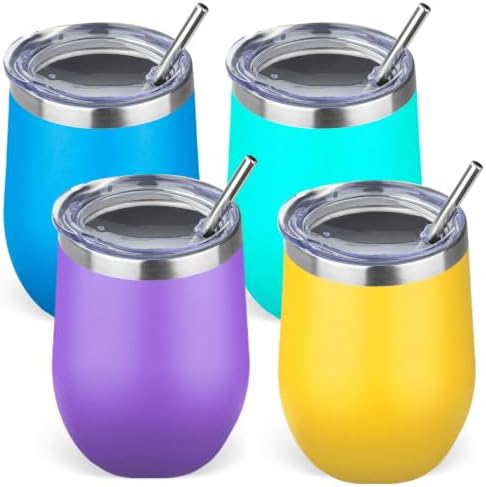 12oz/4 Pack Stainless Steel Wine Tumbler with Lid and Straw, Double Wall Vacuum Insulated Wine Tumbler Glasses, Stemless Travel Mugs for Hot and Cold Drinks, Coffee, Wine, Cocktails