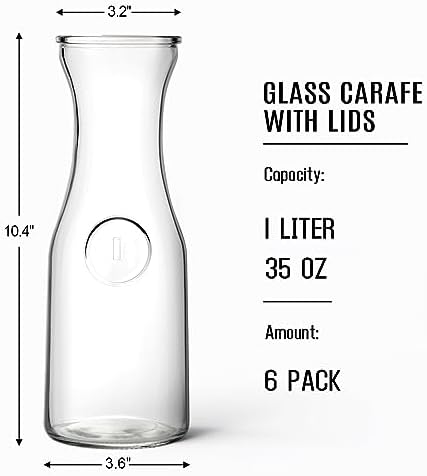 Set of 6 Glass Carafe with Lid, 1 Liter Beverage Serveware Carafe, Clear Glass Pitcher for Mimosa Bar, Brunch, Cold Water, Juice, Milk, Iced Tea, Lemonade
