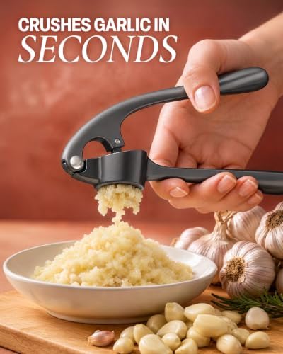 Zulay Kitchen Premium Garlic Press Set - Rust Proof Professional Garlic Mincer Tool - Easy-Squeeze, Easy-Clean with Soft, Ergonomic Handle - Silicone Garlic Peeler & Brush-Dark Gray