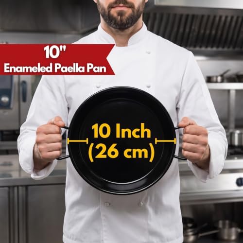 Paelluxe Paella Pan – Enamelled, No-Rust Steel Skillet – Easy-to-Clean Pan for Propane & Gas Burners – Indoor & Outdoor Cooking Cacerola Paellera Sarten – 10 Inch, for 3 Servings