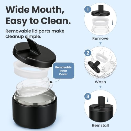 Pawtong 12oz Insulated Vacuum Food Jar with Buckle Lid Wide Mouth Soup Thermo for Hot Food Kids Leakproof Stainless Steel Lunch Container- Black- 1Pack