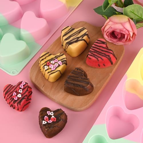 Sakolla 2 Pack 2.7″ Heart Cake Molds, 8 Cavity Silicone Baking Molds for Cake, Muffin, Egg Bites, Cupcake, Bread, Mousse (Green,Yellow,Pink)