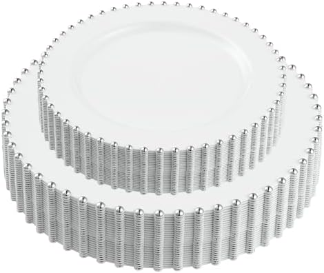 PLASTICPRO 64 Piece Combo Plastic Dinner Plates Disposable Plastic Fancy Heavy Duty Party Dishes 7 inch and 10 inch, White and Silver Beaded