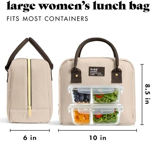 Fit & Fresh Bloomington Lunch Bag for Women - Insulated Large Lunch Box for Work with Containers, Leak-Resistant, Tan