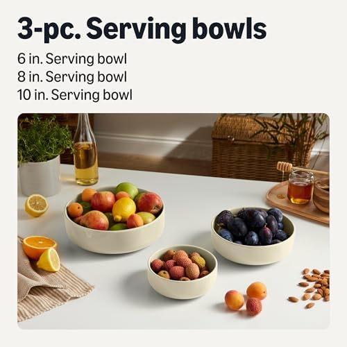 Amazon Basics Ceramic Serving Bowls Set Of 3, Glazed Stoneware (6", 8" & 10"), Nestable Space-Saving, Stain-Resistant, Microwave & Dishwasher-Safe, Ivory