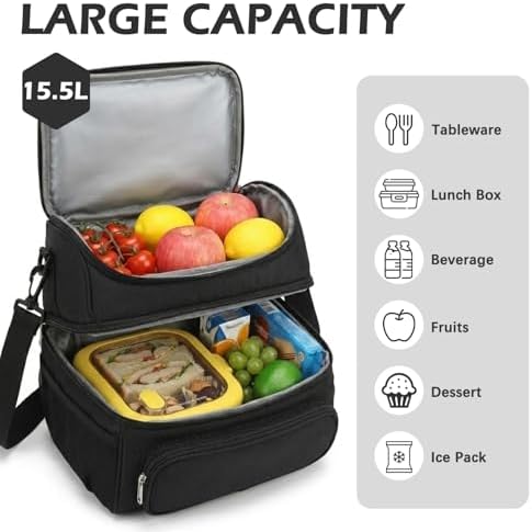 FlowFly Double Layer Cooler Insulated Lunch Bag Adult Lunch Box Large Tote Bag for Men, Women, With Adjustable Strap,Front Pocket and Dual Large Mesh Side Pockets