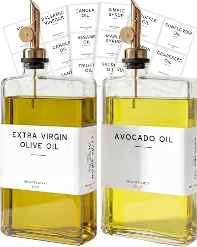 Glass Olive Oil Dispenser Bottle for Kitchen by Brighter Barns - Coffee Syrup Dispenser, Oil and Vinegar Bottle - Modern Kitchen Essentials for Restaurants, Coffee Bar, Airbnb (Clear/Gold, Set of 2)