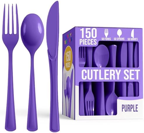 Party Solids Purple Plastic Silverware 150 Pcs Purple Cutlery Set