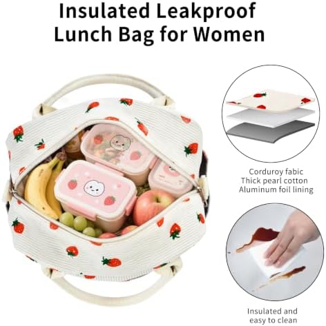 Lunch Bag Women Lunch Box for Women Adult Cute Insulated Lunch Bag Lager Cooler Lunch Tote Bags for Work Picnic (Beige-Strawberry)