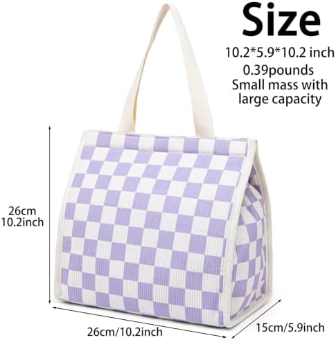 Insulated Lunch Bag for Work, 10.2"x5.9"x10.2" Oxford Waterproof Lunch Tote, Thermal Lunch Box for Office, Picnic & Outdoor, Striped Canvas Tote Bag -Check Purple