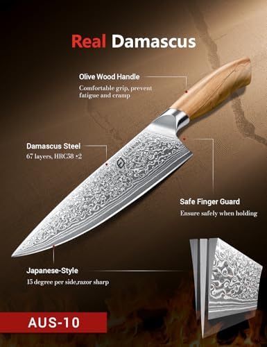 Emojoy 8-Inch Damascus Chef Knife, 67-Layer Japan Steel, Olive Wood Handle