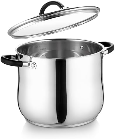 E-far 10 Quart Stock Pot, Stainless Steel Pot for Cooking Soup Simmering Stew, Tall Induction Pot with Visible Lid, Large Pot w/Tri-Ply Base & Dual Heat Proof Handles, Non-Toxic & Dishwasher Safe