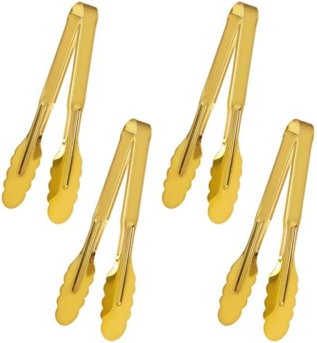 4 Pack Stainless Steel Serving Tongs, 9 Inch Gold Salad Tongs Serving Utensils Buffet Tongs Gold Plated Heavy Duty Reusable Metal Kitchen Clips for Salad, Snack, Barbecue, Catering, Wedding, Party