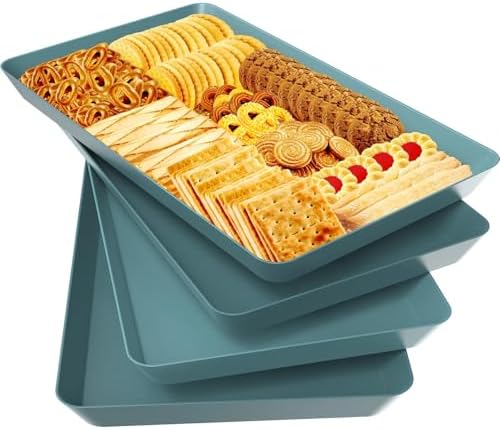 WOWBOX 4 pcs Serving Tray for Entertaining, Serving Platters for Snacks, Fruit, Cookies, Dessert, Reusable Plastic Trays for Serving Food and Pantry Organization in Kitchen & for Parties, (Green)