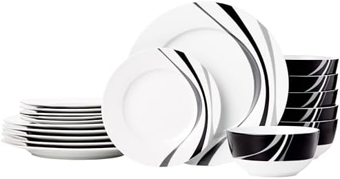 Amazon Basics 18-Piece Complete Kitchen Dinnerware Set, Microwave and Dishwasher Safe, Plates, Dishes, Bowls, Swirl, Heat Resistant, Service for 6, Everyday Use