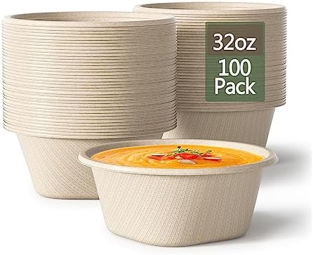 32 Ounce Large Paper Bowls Disposable Soup Bowl Disposable Heavy Duty Compostable Bowls, Eco-friendly Sugarcane and Bamboo Bagasse Biodegradable Bowl for Soup, Salad, Dessert, Ice Cream [100 Pack]