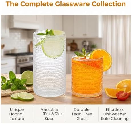HomeVogue Hobnail Drinking Glasses Set of 12, 12oz & 15oz Vintage Glassware Set Cocktail Glass Set, Embossed Clear Water Tumbler,for Beer, Whiskey,Juice and Various Mixed Drinks (12 Pack-Clear)