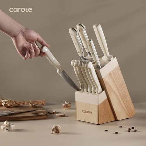 CAROTE 14-Piece Knife Set with Wood Block, Rust-Resistant, Cream