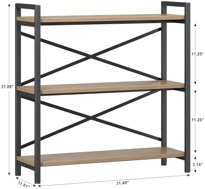 Homeiju 3 Tier Bookshelf 31.49" Width, Wood and Metal Etagere Bookcase, Vintage Farmhouse Modern Wooden Big Book Shelf for Home Living Room Bedroom Office Storage(Light Coffee)