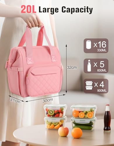 ISEYOU Large Lunch Bag for Men & Women, 20L Insulated Cooler Bag with Wide Opening, Leak-Proof & Multi-Pocket Leather Lunch Box, Adjustable Strap Lunch Tote Bags for Work, Office, Picnic and Camping