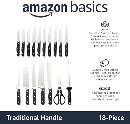 Amazon Basics 18-Piece Premium High-Carbon Stainless Steel Kitchen Knife Set with Built-in Sharpener, Ergonomic Handles, Pine Wood Block, Black
