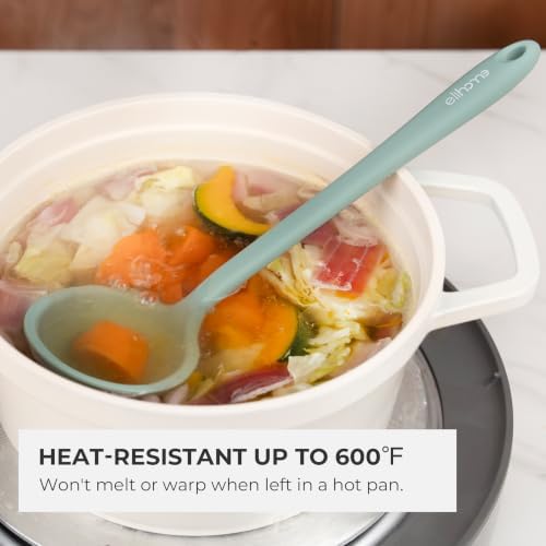 Elihome Classic 10.5 inch Silicone Soup Ladle Cooking Spoon: 600ºF Heat Resistant 2 oz Non-stick Seamless Deep Serving Spoon with Non Slip Long Handle for Cooking Sauce Stews Gravy Sage Green