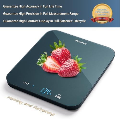 Homebuds Food Scale, 33lb/15kg Digital Kitchen Scale, Weight Grams and Ounces in 1g/0.1oz Precision for Baking and Cooking, LED Display, 3*AAA Batteries Included, Tempered Glass, Blue