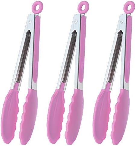 HINMAY Serving Tongs with Silicone Tips 9-Inch Food Tongs, Set of 3 (Pink)