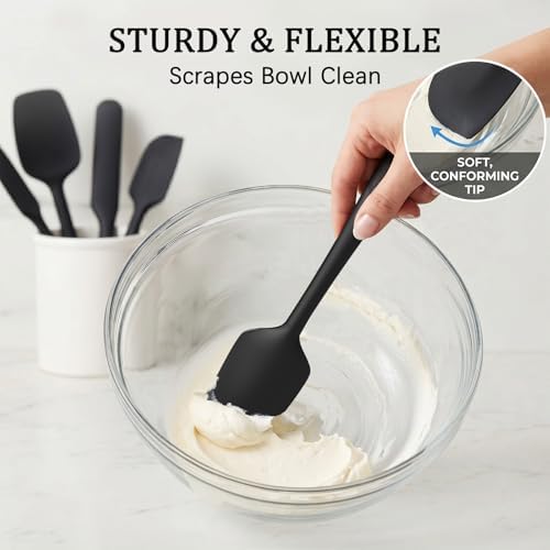 Coukre Silicone Spatula Set of 7, BPA Free Food Grade Silicone Cooking Utensils, Heat Resistant Kitchen Tools for Nonstick Cookware, Dishwasher Safe Spatulas for Cooking and Baking（7,PureBlack）