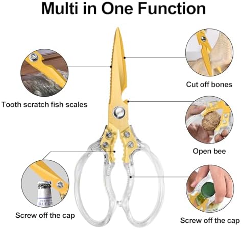 CGBE Kitchen Scissors, Multi-Purpose Kitchen Shears, Heavy Duty Food Scissors for Chicken, Poultry, Fish, Meat & Herbs with Non-Slip Grips - Transparent Gold
