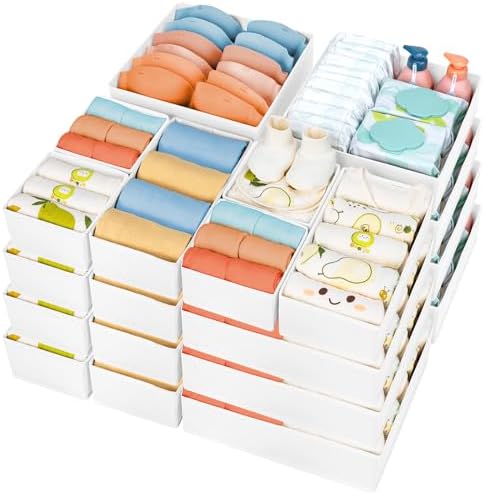 DIMJ Drawer Organizer Clothes, 24 Pack Dresser Organizer, Foldable Closet Organizers and Storage, Fabric Dresser Drawer Organizers, Drawer Dividers for Nursery, Baby Clothes, Underwears, Sock