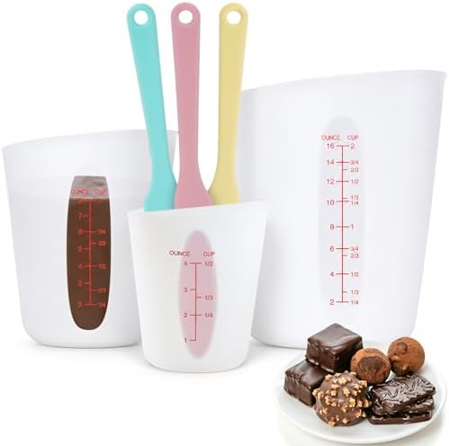 Food-Grade Silicone Chocolate Melting Cup Set with 3Pcs BPA Free Silicone Measuring Cups (1/2Cup/1Cup/2Cup) and 3Pcs Heat-Resistant Jar Spatulas, Non-Stick Baking Supplies for DIY Chocolate