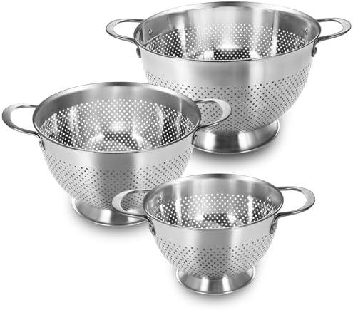 Stainless Steel Colander Set of 3 (1.5-3-5Quart) | Durable Rice and Pasta Strainer with Handle | Oversized Handles | Nesting Design | Rust-Resistant & Dishwasher Safe