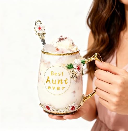 Best Aunt Ever Printed Flower Tea Glass - Hidden in Socks, Perfect Christmas Thanksgiving Gift for Aunt Auntie or Neighbor