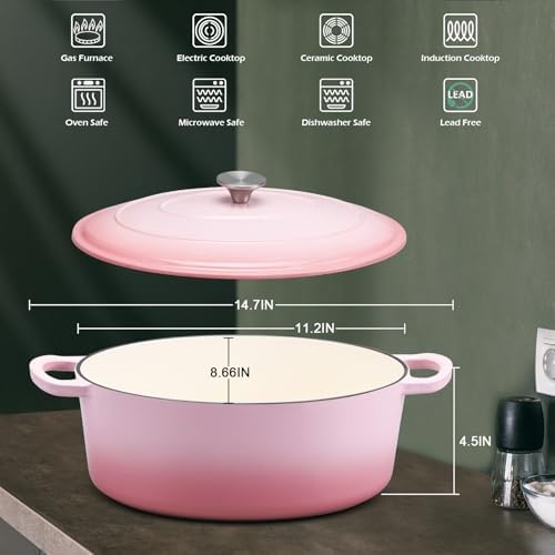 Leonyo 7-Quart Enameled Cast Iron Oval Dutch Oven Pot with Lid, Pink